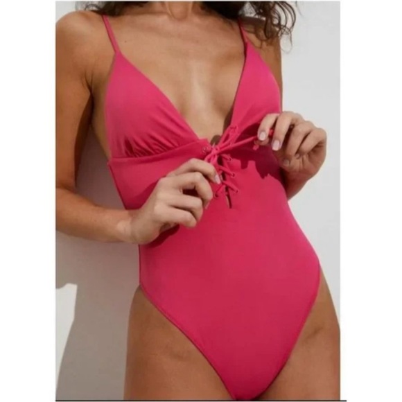 L.A. Hearts by Pacsun Hot Pink V-neck Front Tie One Piece Swimsuit - Picture 1 of 7